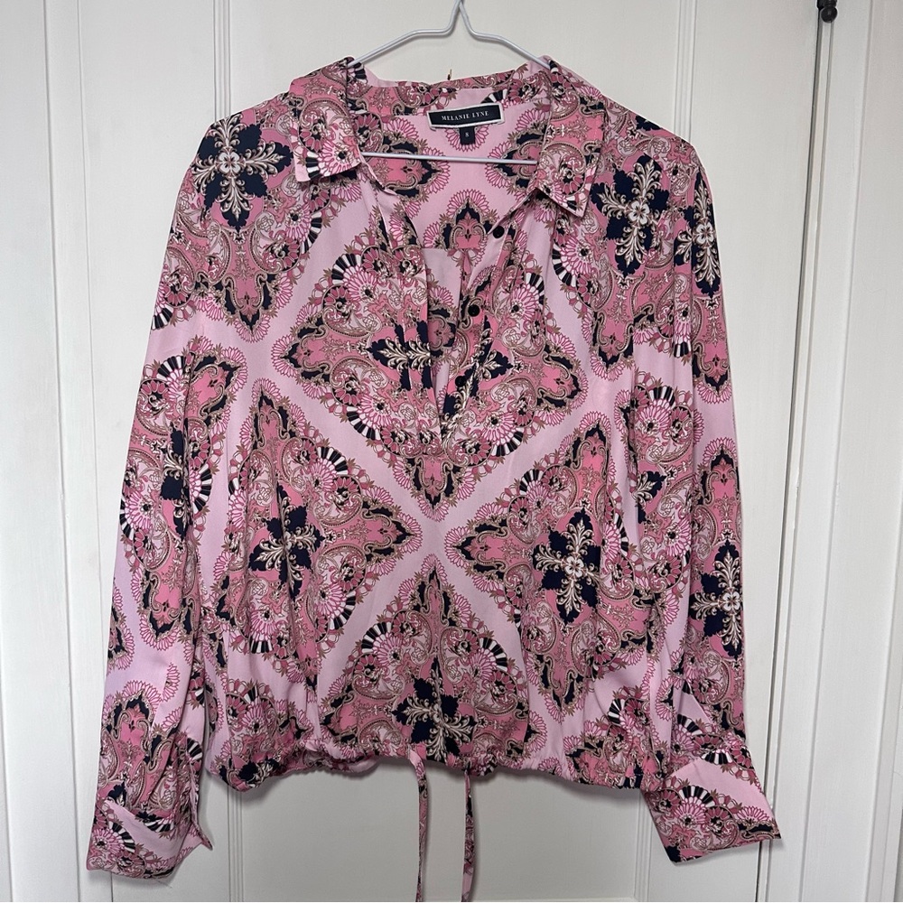 Pink & Black Pattern Pullover, Half Button, Drawstring Waist, Collared Shirt